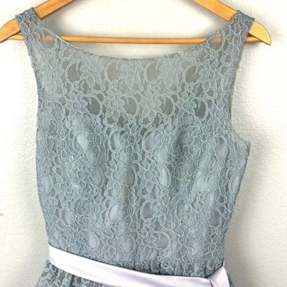 Mori Lee Mini Formal Dress Silver/Gray Lace Ribbon Bow Button-back Sleeveless 12 - Picture 3 of 13